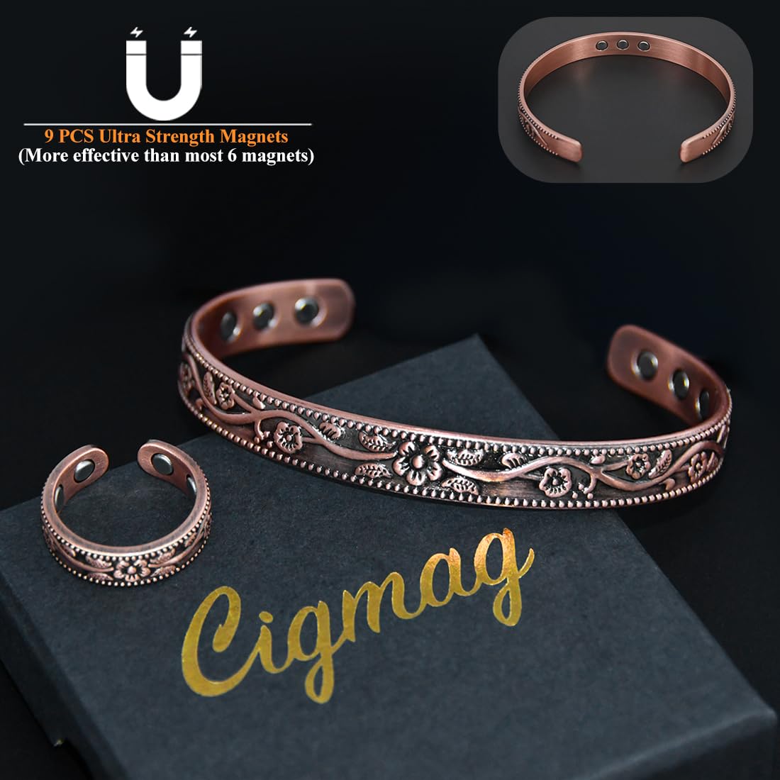 Cigmag Copper Bracelets for Women and Copper Ring 99% Pure Copper Bracelet Adjustable Size Bangle