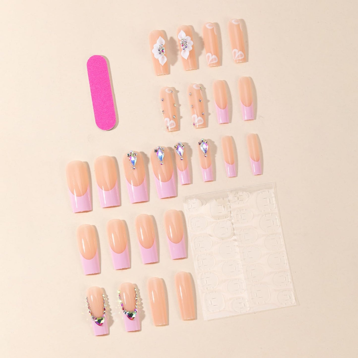 French Tip Press on Nails Long Square Fake Nails Press ons False Nails Acrylic Nails Press on Artificial Nails with Flowers Designs For Women 24pcs