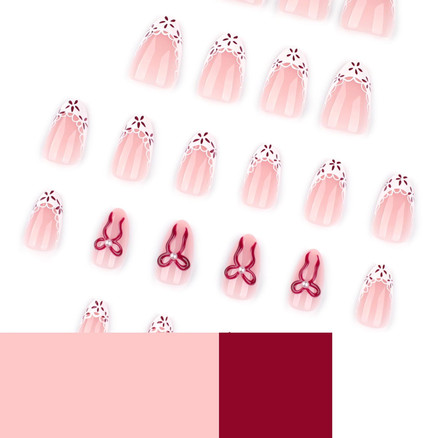 3D Bow French Tip Press on Nails Medium Almond Fake Nails Flower Tip Stripe Stick on Nails with Designs Spring Nails Press ons Salon Quality Artificial Nails for Women 24Pcs