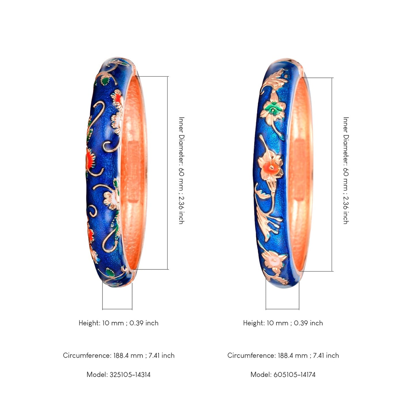 UJOY Vintage Bangles Bracelets Cloisonne Enameled Flower Spring Hinge Clasp Indian Style Jewelry Set for Women 55A81-55A108 Navy Blue