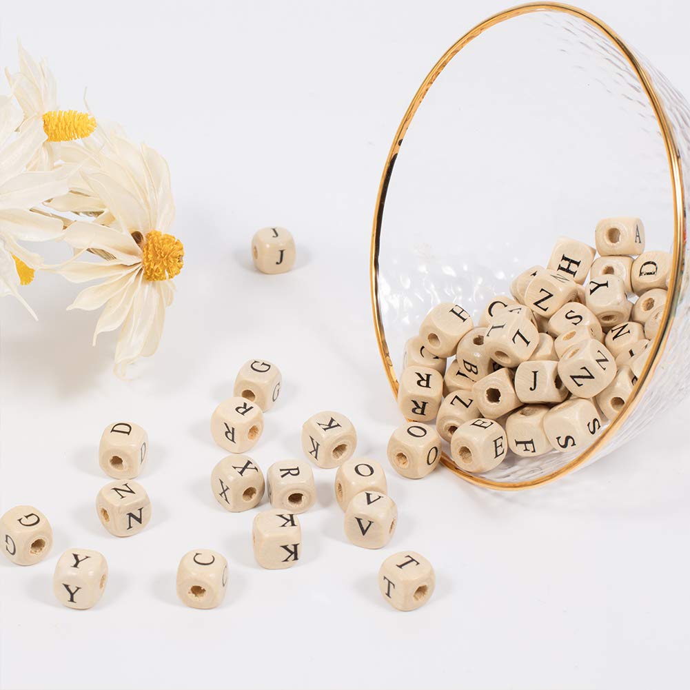 PH PandaHall 1060pcs 10mm Alphabet Wooden Beads Random Natural Square Wooden Beads 3~4mm Hole Wood Loose Bead with Initial Letter Cube Bead for Jewelry Making and DIY Projects
