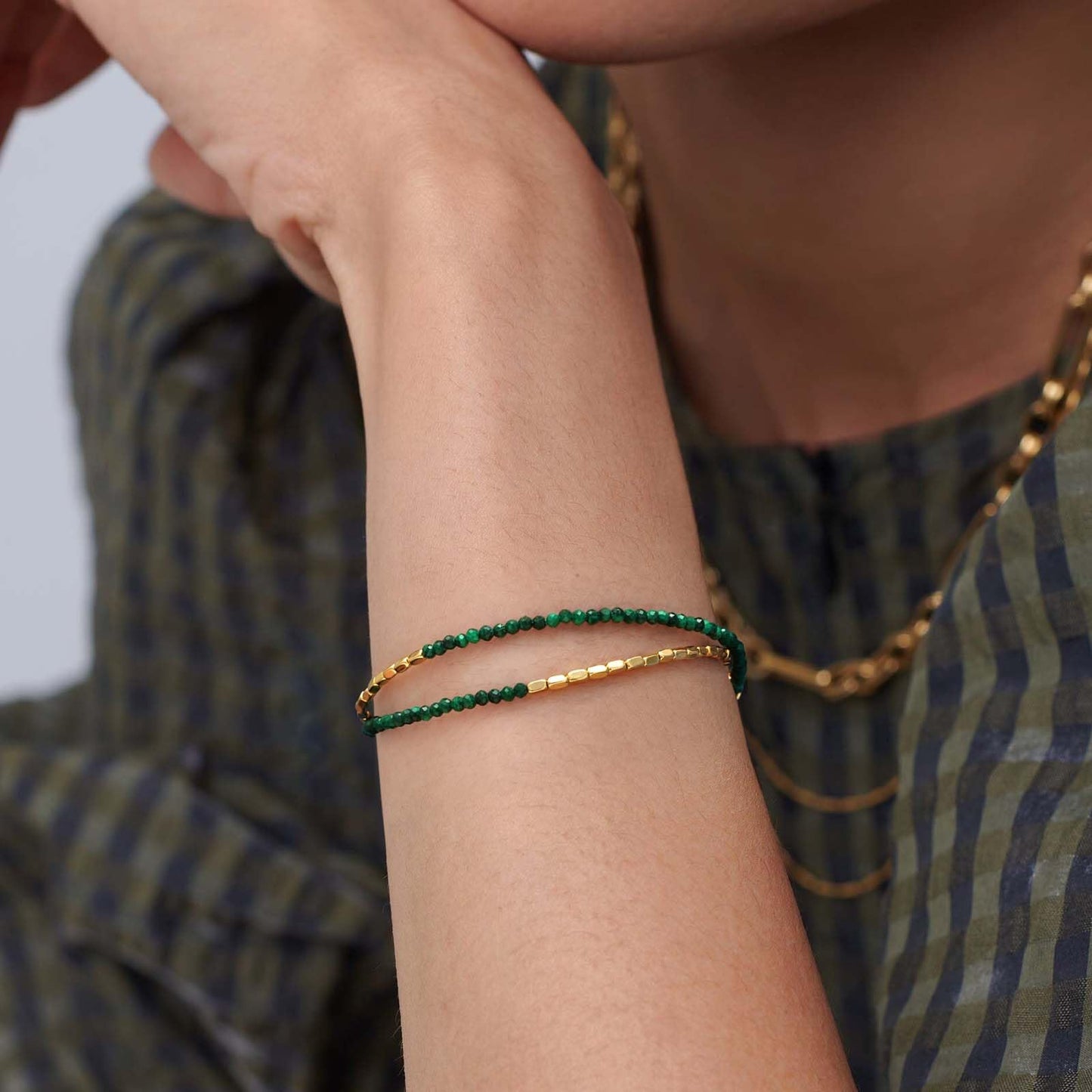 MEVECCO Bead Bracelet for Women 18K Gold Plated Layered Hematite Malachite Stone Mixed Bracelets Handmade Gold Custom Beaded Charm Chain Bracelet Stack Jewelry Gifts