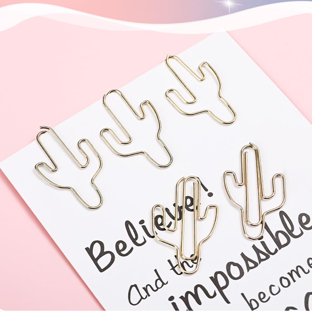 Hdtyyln 60Pcs Paper Clips, Funny Cute Cactus Shaped Paperclips Bookmarks, Decorative Small Gold Paper Clip, Metal Planner Clips for Paperwork Office School and Home Document Organization Supplies