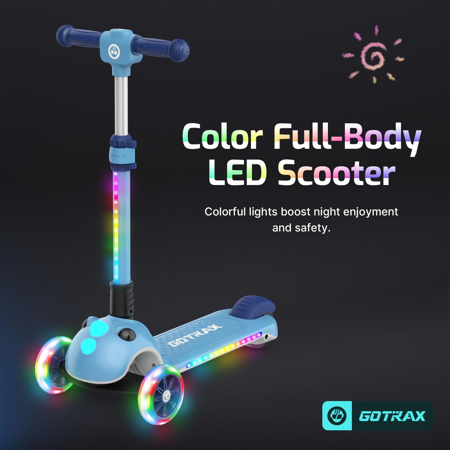 Gotrax SK1 Foldable Electric Scooter for Kids 4+, Full Body LED Light, 90min Riding& 5Mph Speed, Push-Button Throttle&Battery Indicator, 6'' Wheel & 3 Adjustable Height, 3 Wheel Escooter,Gift,Blue