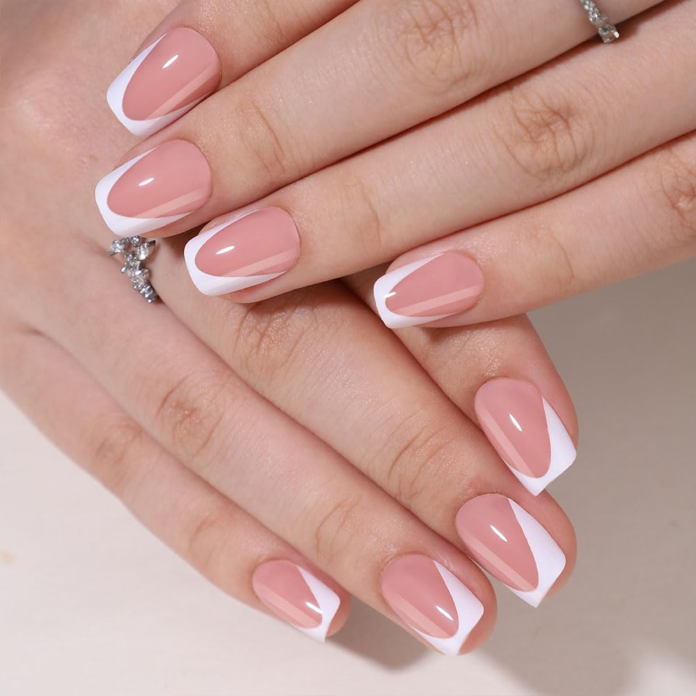 WAFOLOZE White French Tip Press On Nails - Short Square Press On Nails Fake Nails with Nail Glue, Artificial Nails 16 Sizes - 32Pcs Reusable Soft Gel False Nails Tips Kit,Stick On Nails for Women