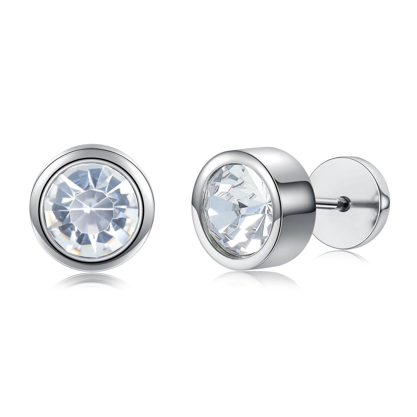 VOLUKA Titanium Earrings Screw Flat Back Earrings Studs Hypoallergenic for Sensitive Ears Cubic Zirconia Created Quartz Punk Dot Disc Barbell Stud Earrings-8mm CZ