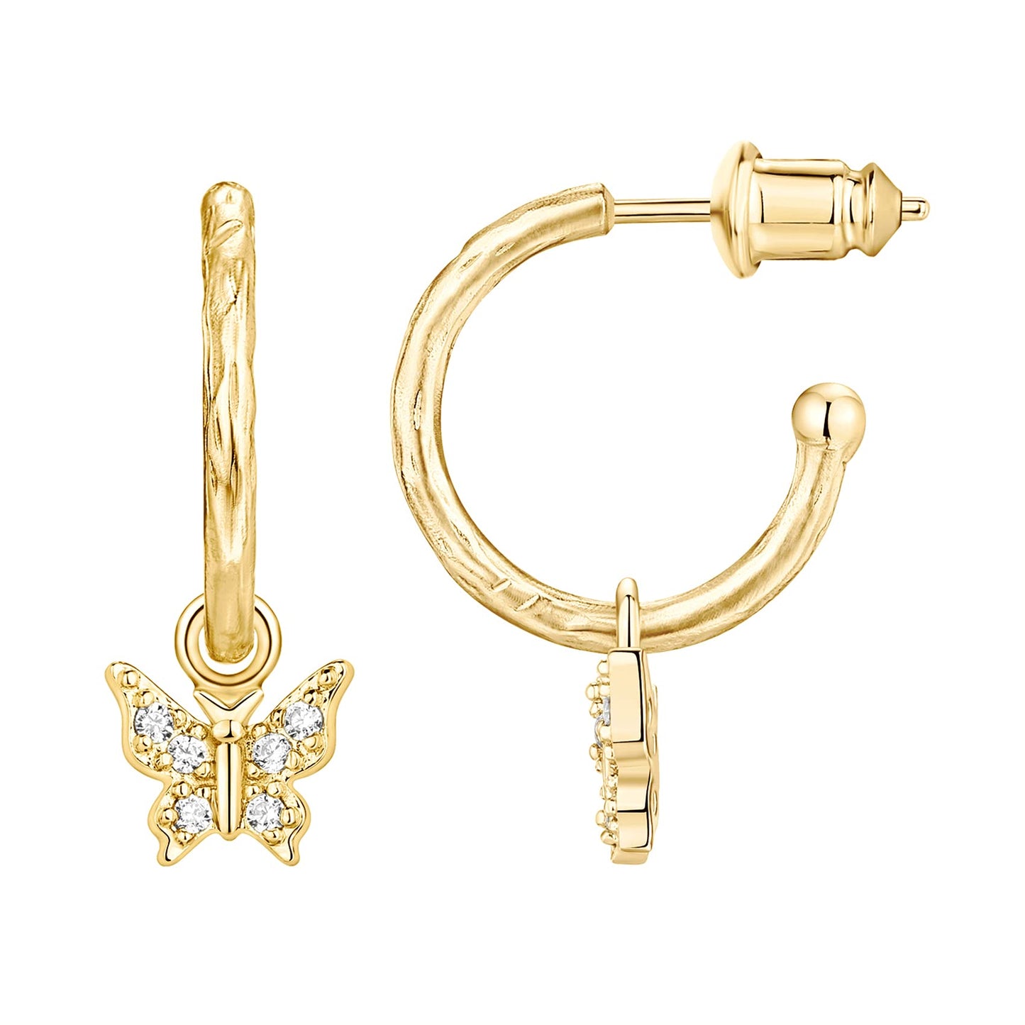 PAVOI 14K Yellow Gold Plated 925 Sterling Silver Post Cute Dangle Huggie Hoop Earrings For Women - Trendy Butterfly Open Hoop Earrings - Small Hinged Hammered Huggies