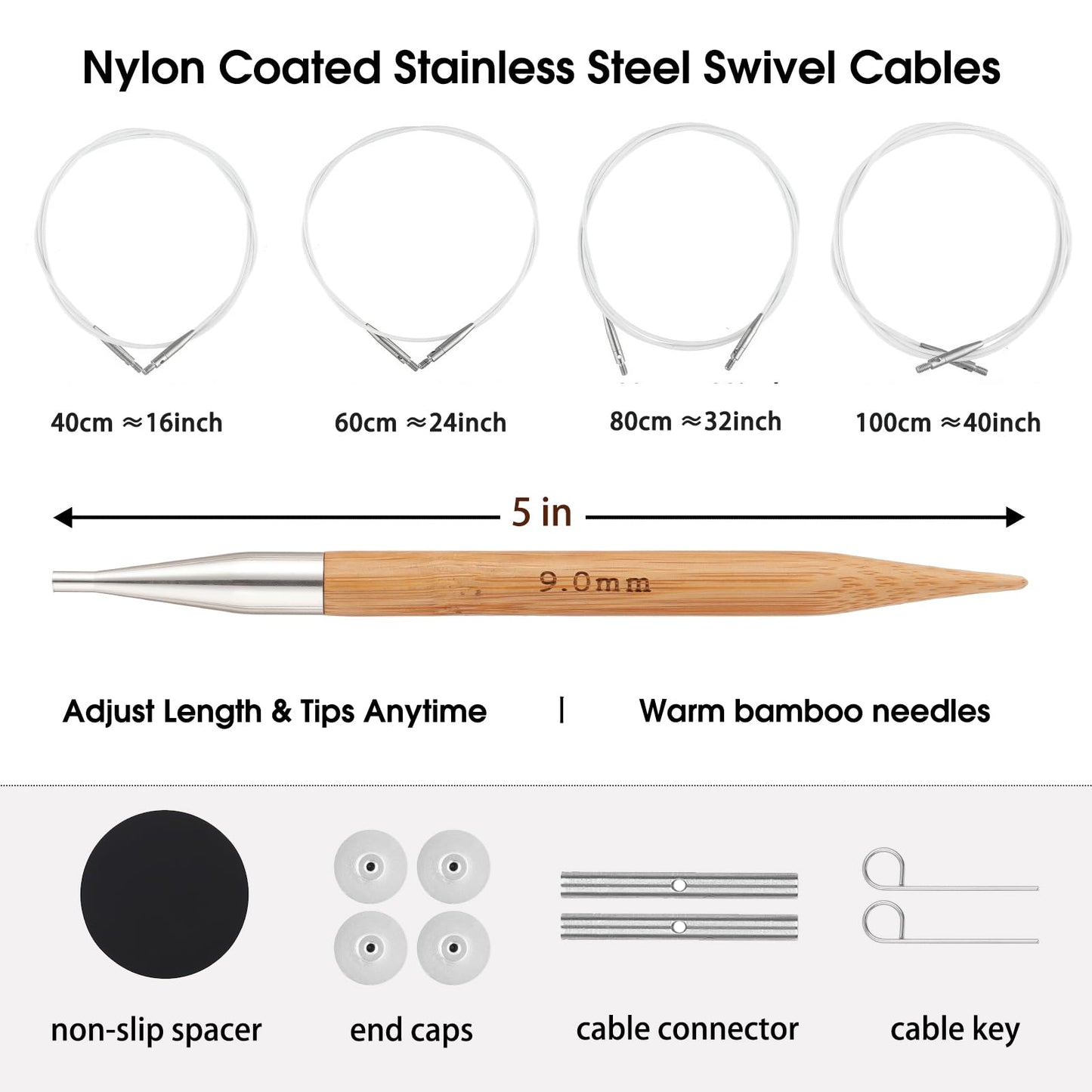 Guclud Bamboo Knitting Needles Set, 5-Inch Interchangeable Circular Knitting Needles US 4-15 (3.5-10mm),12 Pairs of Hand-Polished Circular Needles, 4 Cables, Accessories & Case (Black Tip)