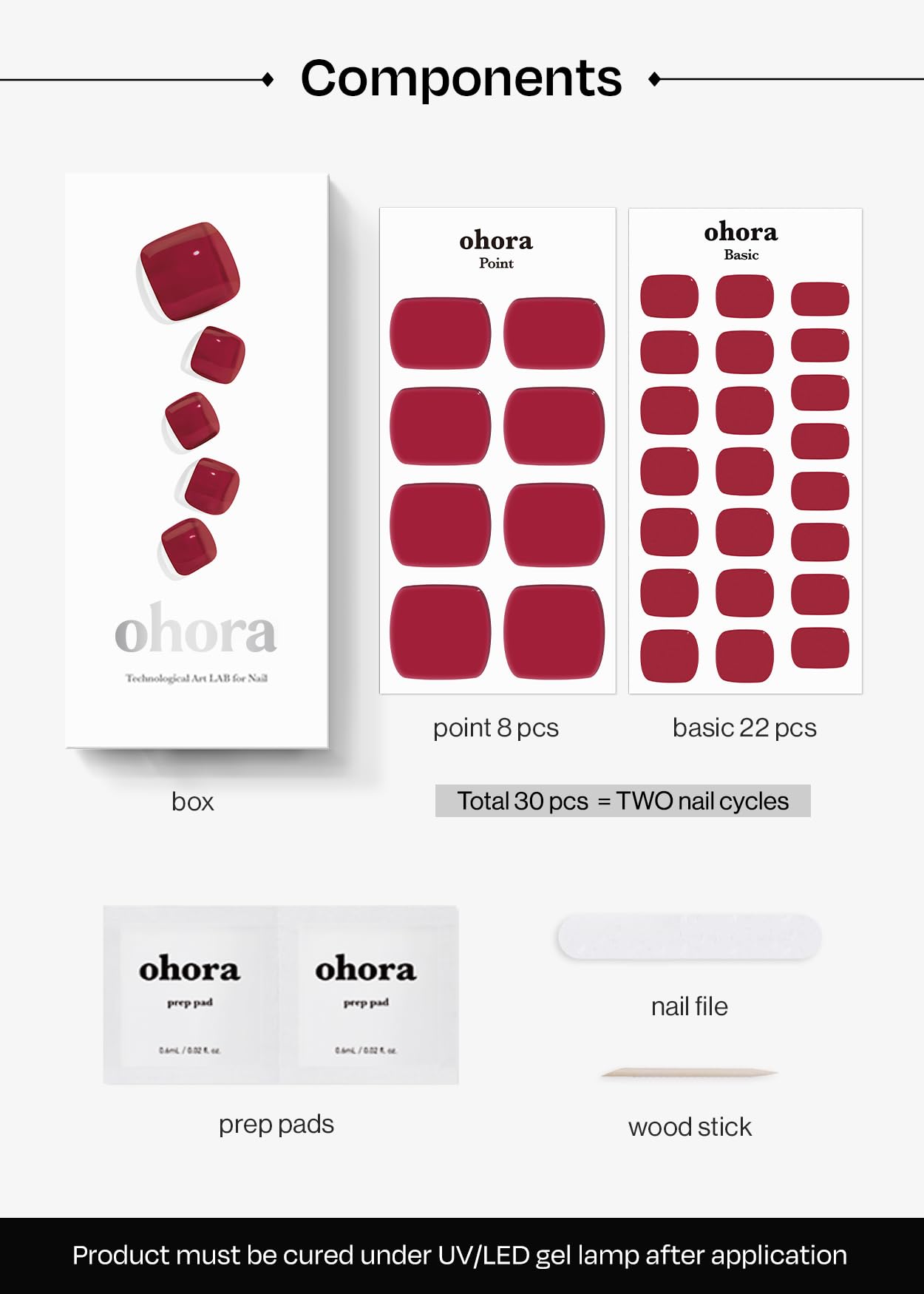 ohora Semi Cured Gel Pedi Strips (P Tint Burgundy) - Red, Solid, Works with Any UV/LED Lamps, Salon-Quality, Long Lasting, Easy to Apply & Remove - Includes 2 Prep Pads, Nail File & Wooden Stick