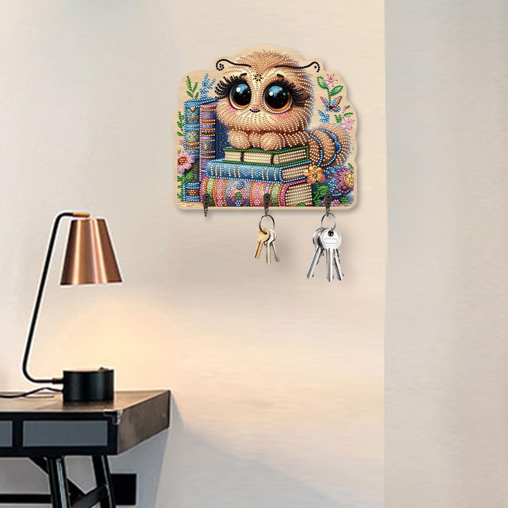 Diamond Art Pianting Key Holder, Cute Caterpillar Wall Organizer with 3 Hooks & Adhesive Backing, DIY Entryway Decor for Keys, Unique Functional Craft Gift for Women, Home Office Organization