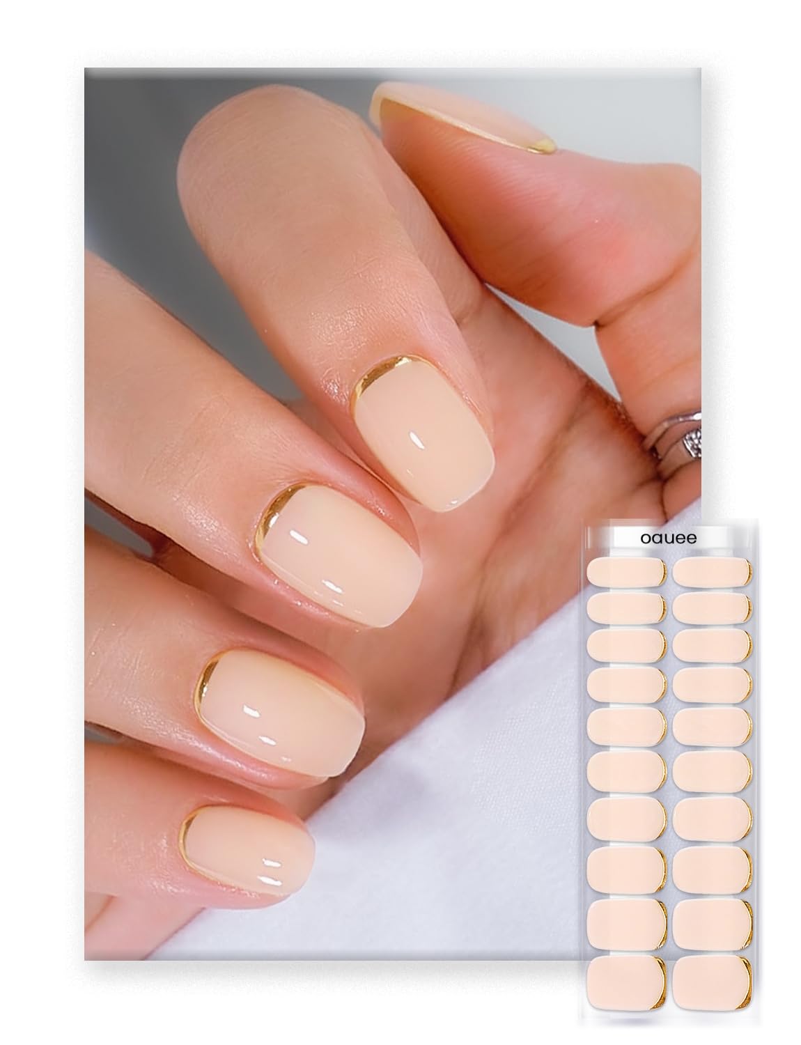 Oauee Semi Cured Gel Nail Strips | Built-In Gel Top Coat | UV Light Required | Salon Quality, Easy Application And Removal (Nude With Gold Trim)