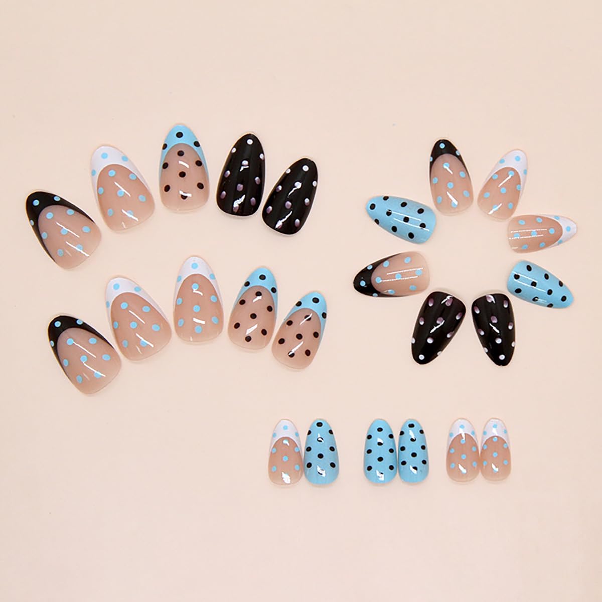 Short Polka Dot Press on Nails Almond Chrome Nails press ons French Tip Fake Nails with Designs Black Blue False Nails Glossy Full Cover Nail Tips Acrylic Artificial Stick on Nails for Women 24PCS
