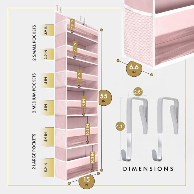 HOMELUX THEORY UPGRADED 6 Tiers Over The Door Organizer Hanging - 100D EXTRA THICK & 50lbs HUGE CAPACITY, 12 Side Mesh Pockets Over The Door Shoe Organizer, Hanging Closet Organizer (Baby Pink, 1pc)