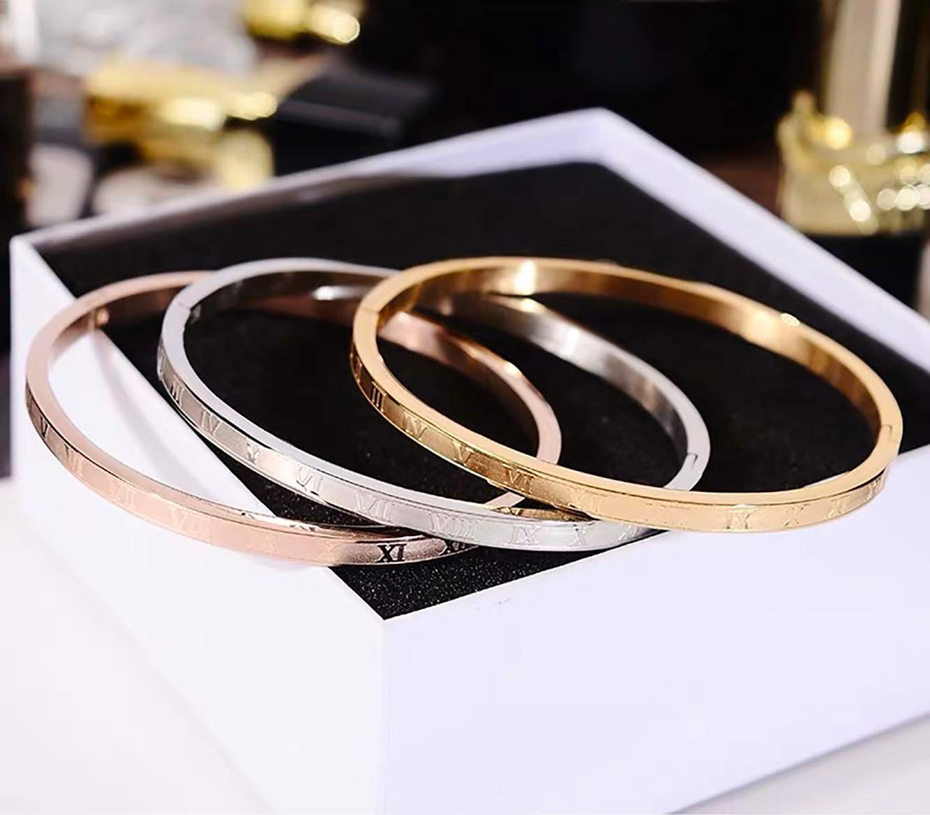 Jarlinwel Gold Silver Plated Bracelets for Men Women Roman Numeral Bangle Bracelet Stainless Steel Personalized Engraved Unisex Gift (Gold 4mm Womens)