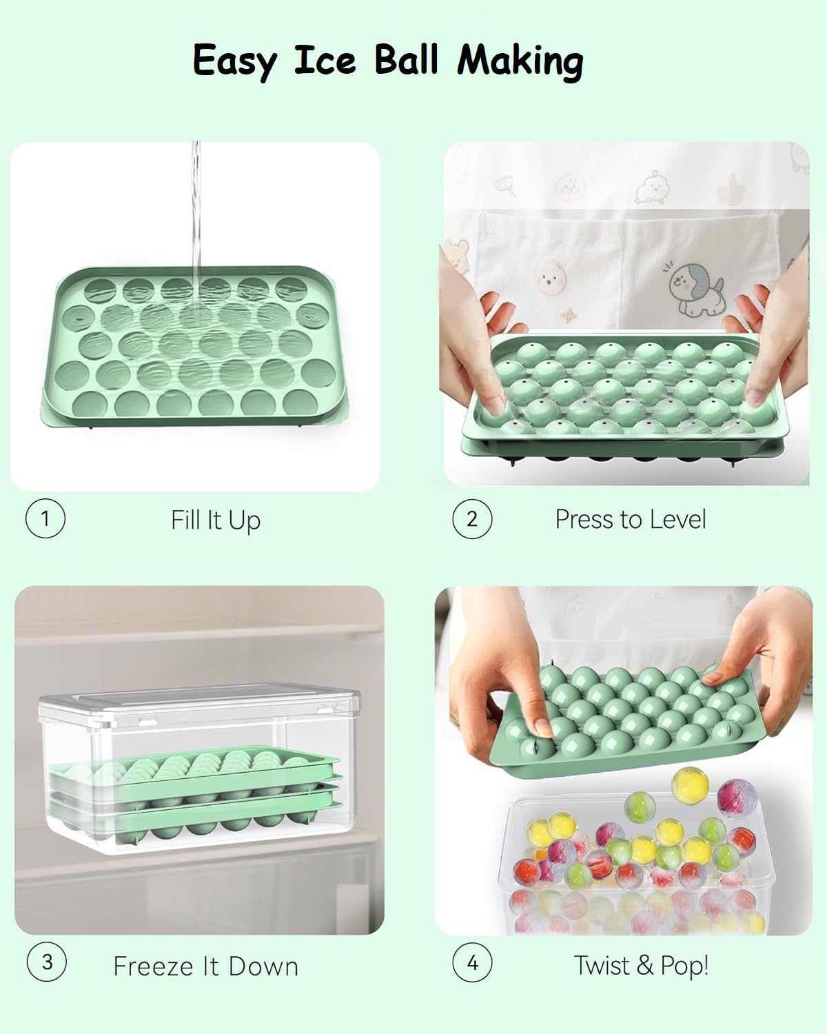 Mini Ice CubeTray with Lid & Storage Bin - 64 Pcs 0.75 Inch Small Sphere Ice Cube Mold Maker, BPA-Free Easy Release Silicone Base, Stackable Ice Trays for Freezer for Cocktails, Coffee