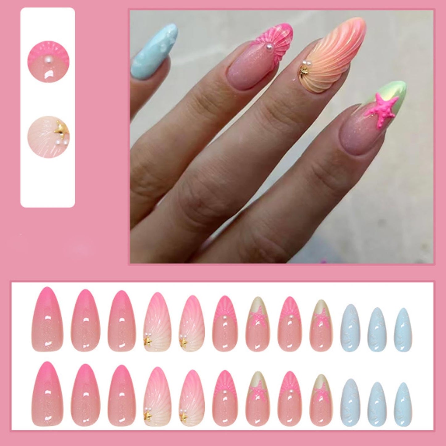 Hkanlre Almond Fake Nude Nails Tips Full Cover False Medium Nails Summer Flower Press on Nails for Women 24PCS