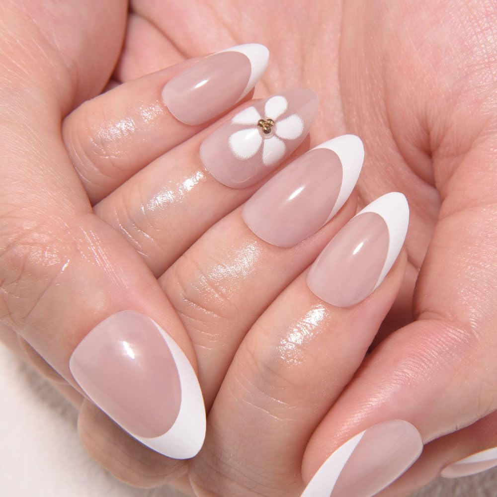 evpct French Tip Press On Nails Short Almond No Glue, Nude Wihte Tips & 3D Flowers, Glossy Short Almond Fake False Press on Nails, Soft Stick on nail Press ons with Nail Kit, Reusable Salon-quality