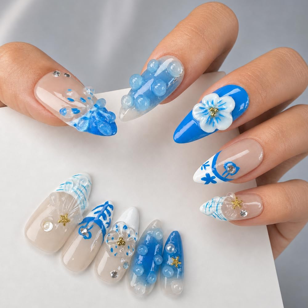 2IM Studio Handmade Press On Nails – 10 Piece Soft Gel Nail Kit with Glue & Tool Set, Reusable Artisan Nails, Salon-Quality Finish (Blue Reef-S)