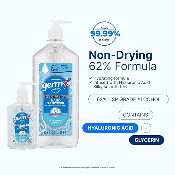 Germ-X Hydrating Hand Sanitizer, with Hyaluronic Acid, 1L (Pack of 4) Bulk Pack, No Rinse Formula, Sanitizing Liquid Gel for All Skin Types, Formulated without Parabens, Phthalates & Dyes