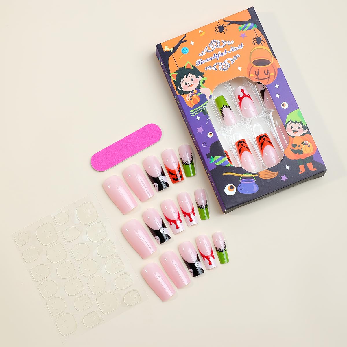 Halloween Press on Nails Long Sqaure Fake Nails French Tips Nails Press ons Pumpkin Ghost Face Acrylic Nails Wound Blood Designs False Nails Glossy Glue on Nails for Women Girls 24Pcs