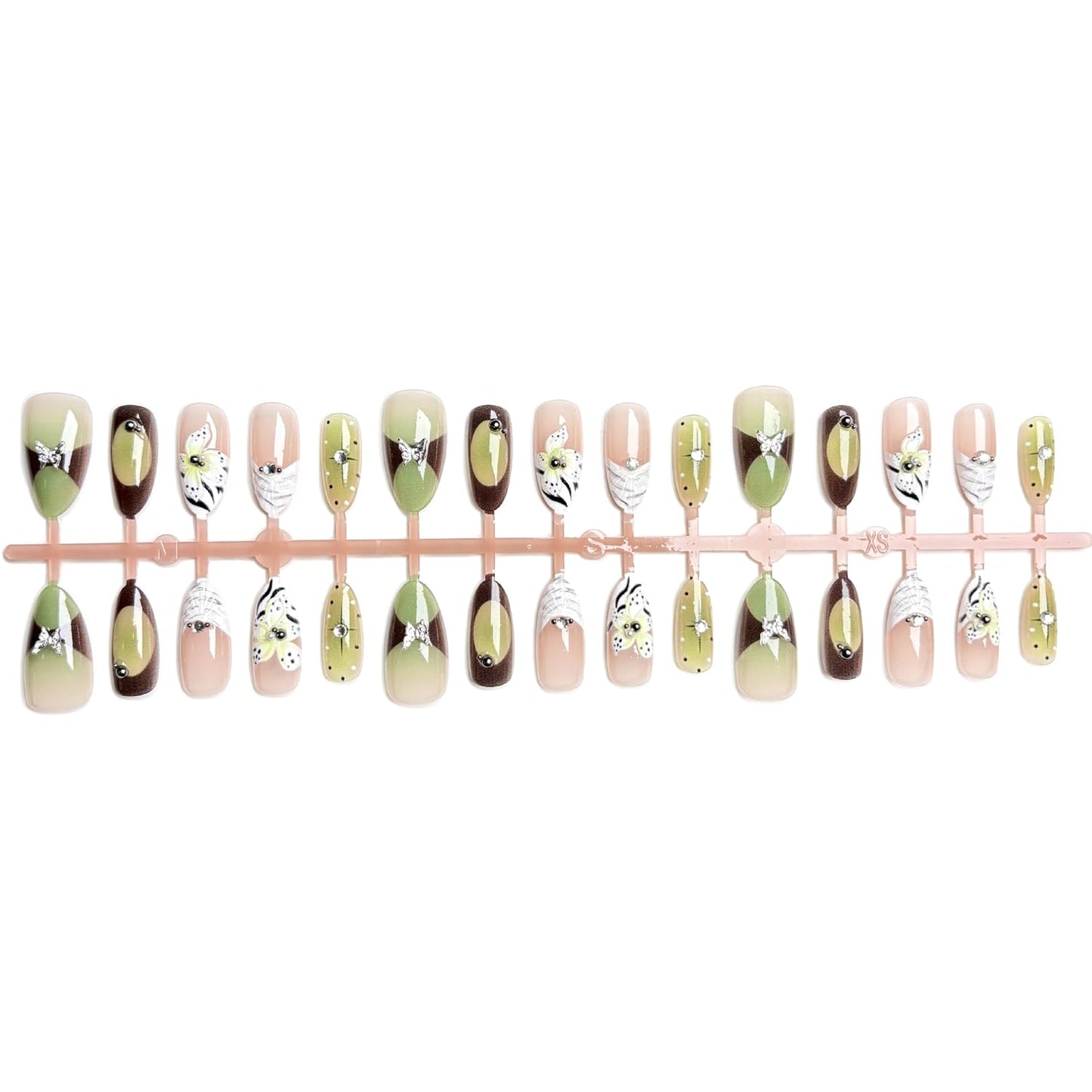 30Pcs Green Press on Nails Almond Medium Fake Nails with 3D Rhinestone Design Stick on Nails Flower Butterfly False Nails Spring Summer Acrylic Nails French Tip Handmade Nail Art Kit for Women