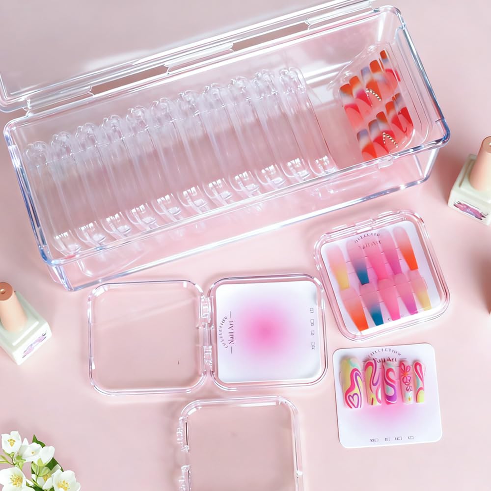 PZSZMIAO 15PCS press-on nail storage set includes 1 Clear Organizer, 14 Nail Display Case Fake Nail Instructions and Double Sided Adhesive Artificial False Nail Box Acrylic Organizer Nail Case