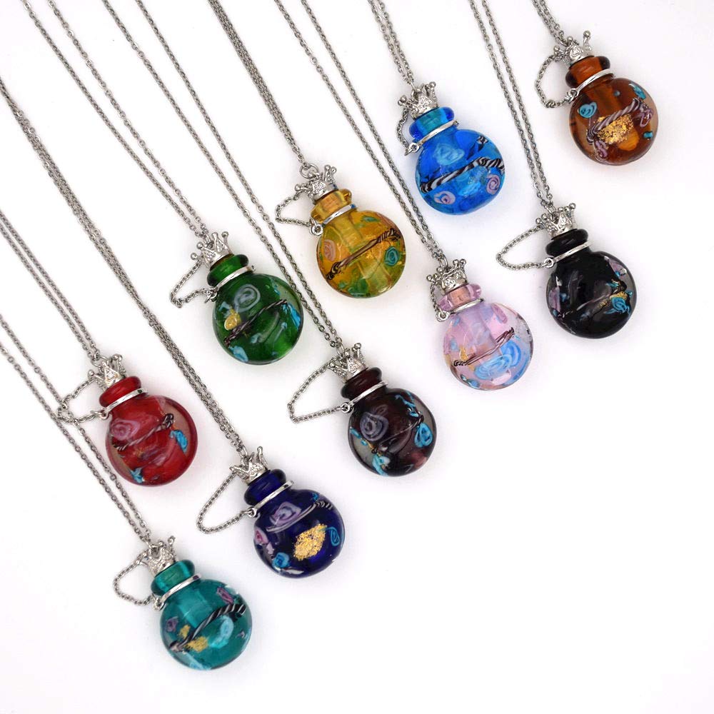 Stainless Steel Colored Glass Pendant Necklace Diffuser Perfume Pendant Aromatherapy Charms (Peacock Blue)