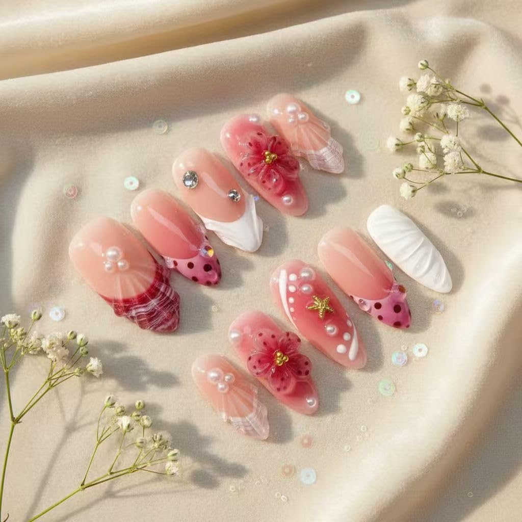 MikaJayboo Medium Almond Handmade Press on Nails Pink Summer Fake Nails with 3D Flower Shell Starfish Pearl for Women Glue on Nails for Daily Vacation 10Pcs(Size M)