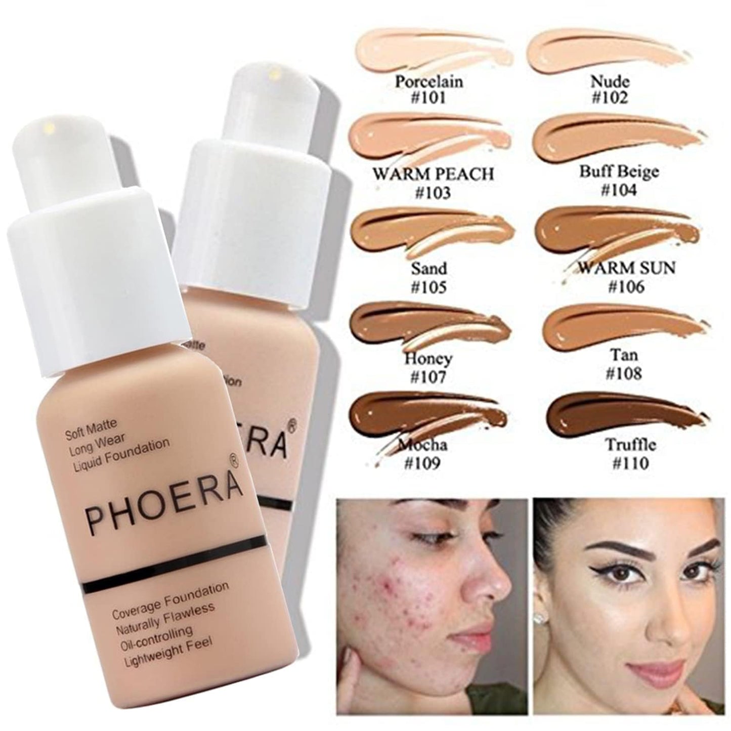 PHOERA Foundation, PHOERA Matte Liquid Foundation,PHOERA Makeup for Women, PHOERA Foundation Full Coverage Concealer, 30ml 24HR Matte Oil Control Concealer (103- Warm peach)