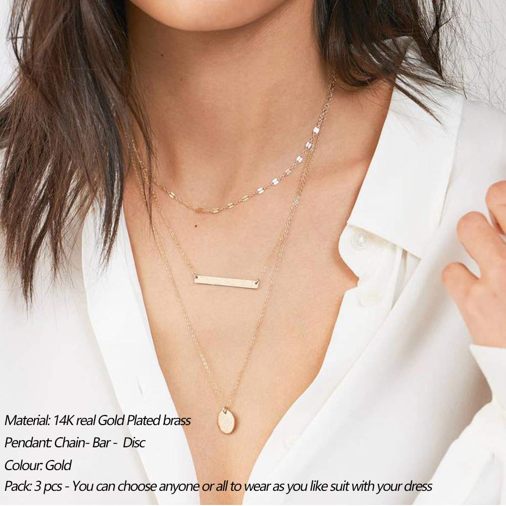 Turandoss Minimalism Layered Chain Bar Disc Necklace Delicate Handmade Choker Necklaces for Women
