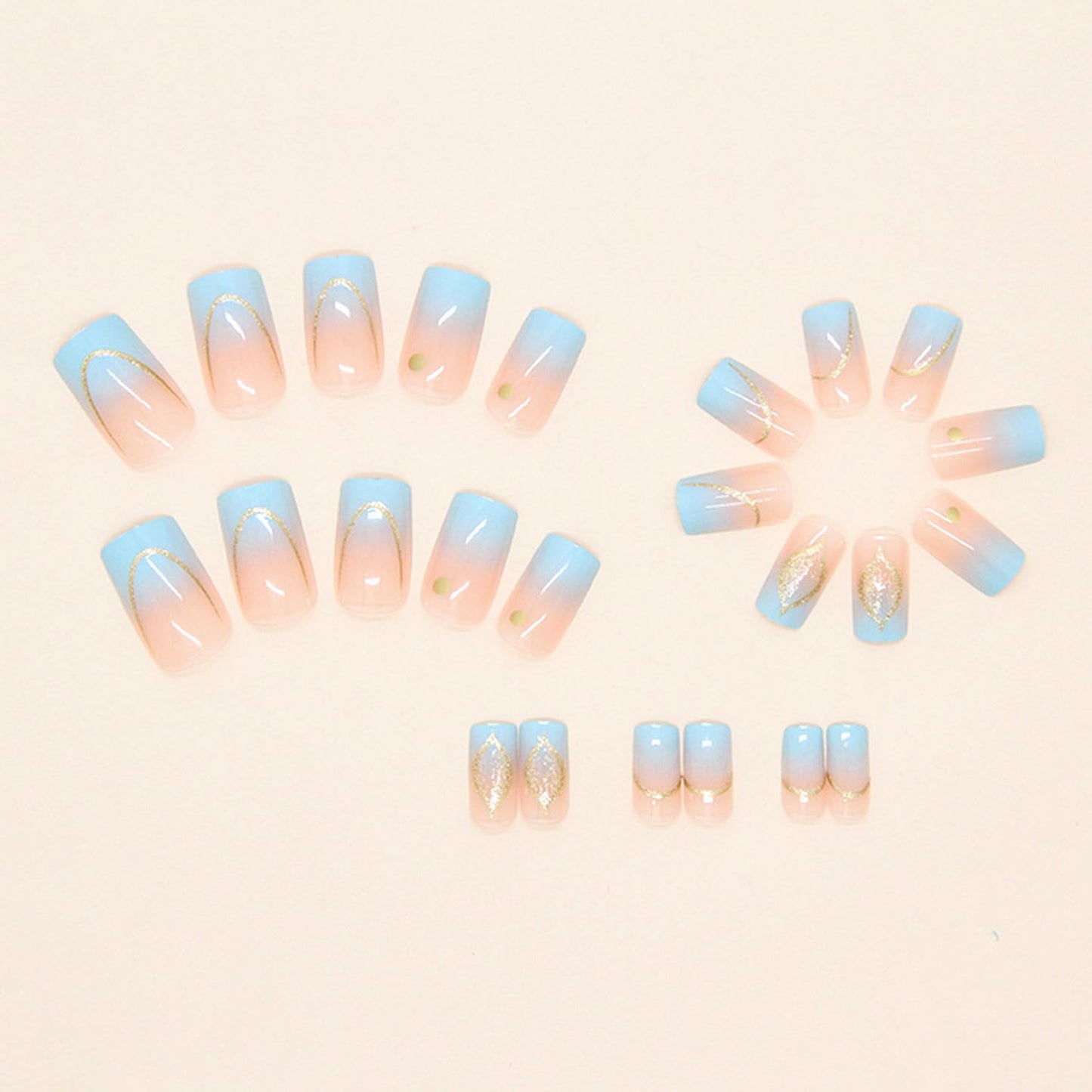 Blue Gradient Press on Nails with Gold Glitter Fake Nails Medium Square Acrylic Glue on Nail Glossy Full Cover False Stick on Nail for Women DIY Artificial Manicure