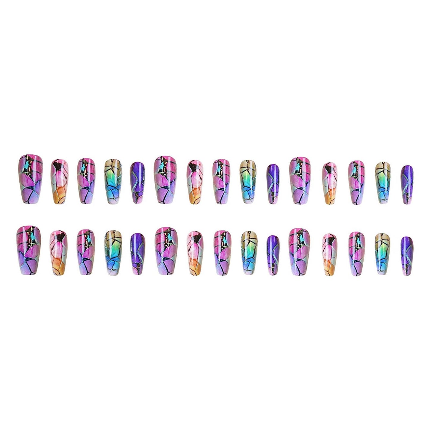 RUOKEXIN Coffin Press on Nails Medium Length Fake Nails Sparkly Stained Glass Windows False Nails with Designs Acrylic Artificial Nails Full Cover Glue on Nails Cute Stick on Nails for Women 24Pcs