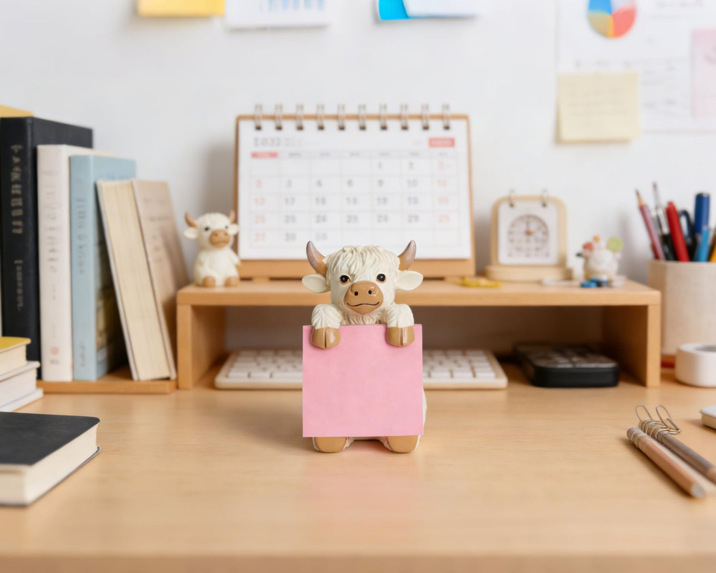 HORTIX Highland Cow Pop-up Sticky Note Dispenser, Includes 1 Pad of 3x3 in Super Sticky Notes, 100 Sheets, Resin Cute Handmade Desk Holder for Office & Home-Beige