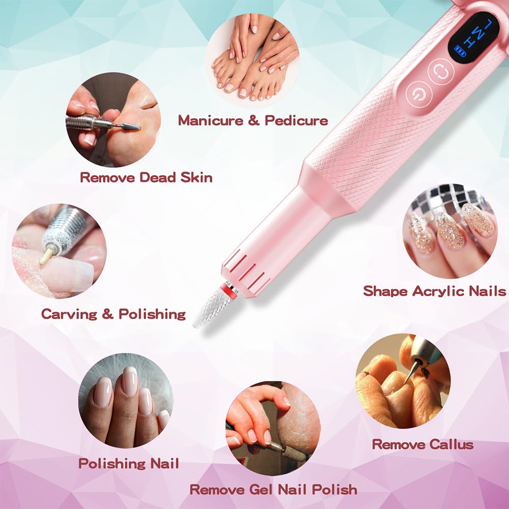 Pinkiou Cordless Electric Nail Drill-20000RPM Professional Efile Nail Machine with Wireless Charging Base, Portable Rechargeable Nail File Kit for Acrylic, Gel Nails, Manicure & Pedicure at Home(Pink)