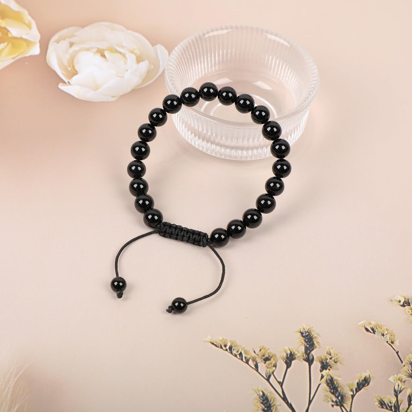 AD Beads Natural 8mm Gemstone Bracelets Healing Power Crystal Macrame Adjustable 7-9 Inch (Black Onyx)