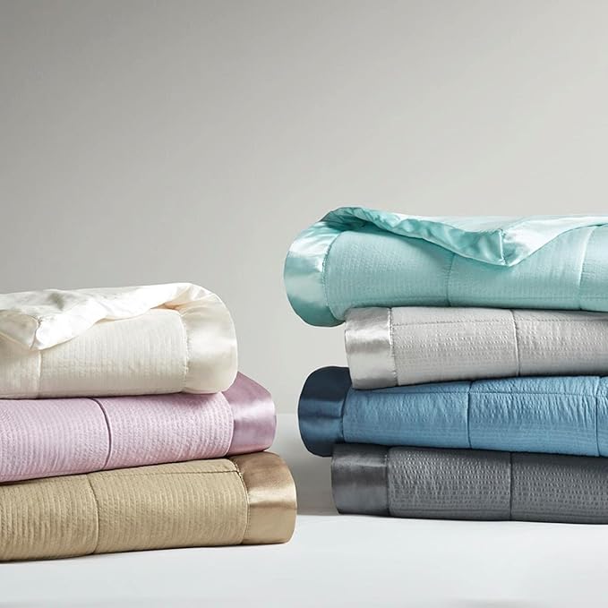 Madison Park Cambria Down Alternative Blanket, Premium 3M Scotchgard Moisture Wicking Treatment, Lightweight and Soft Bed Cover For Summer with Satin Trim, Oversized Twin Slate Blue