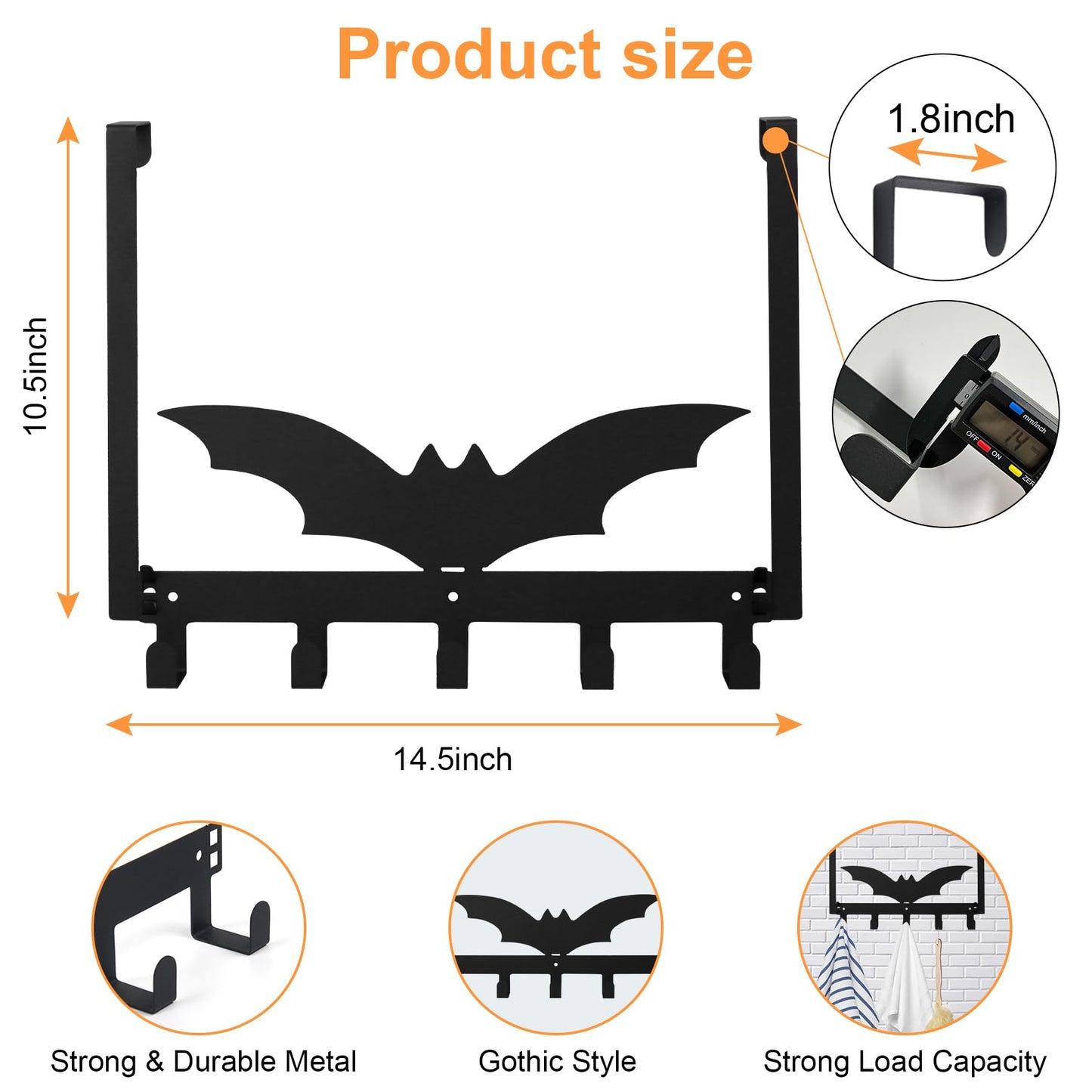 NomadSphere Bat Over The Door Hooks, Halloween Gothic Bathroom & Bedroom Decor Over Door Hanger, Wall Mount Rack for Towel, Hat, Coat, Cloth, Keychain, No Drill, 5 Hooks