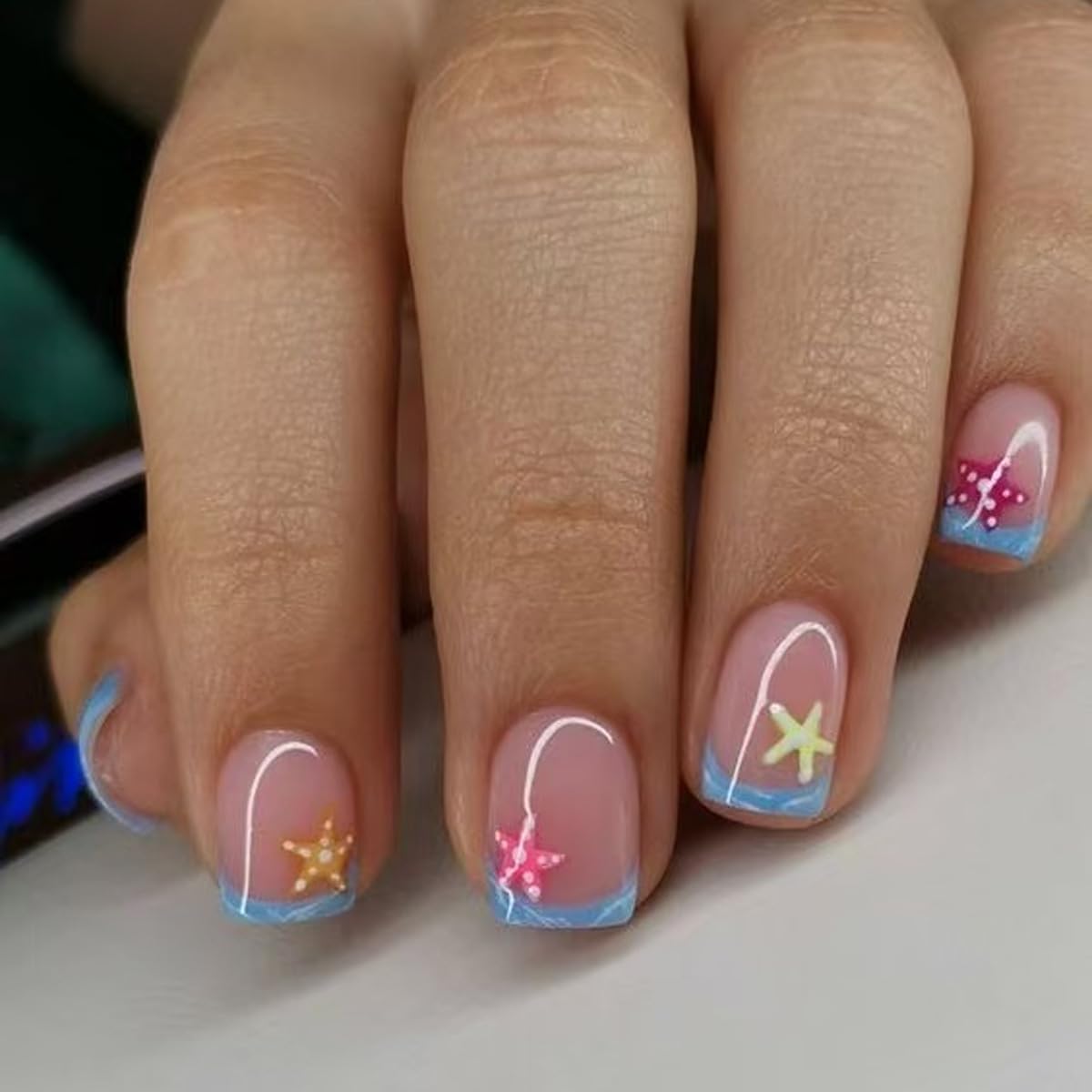 Summer Press on Nails Short Square Fake Nails Beach French Tip Nails Press ons with Starfish Design Full Cover Stick on Nails for Women Manicure,Artificial | Reusable | Easy Apply | 24Pcs