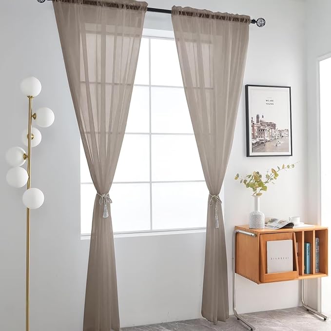 SpaceDresser Basic Rod Pocket Sheer Voile Window Curtain Panels Taupe 1 Pair 2 Panels 52 Width 45 Inch Long for Kitchen Bedroom Children Living Room Yard（Taupe, 52W x 45L）