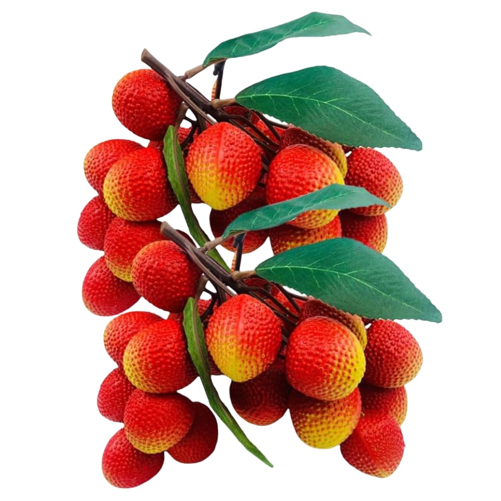 2 Bunches Artificial Lychee Fruit 7.8" Lifelike Fake Lychee with Leaves, Realistic Kitchen/Dining Table Decor, Party Decoration, Plastic Fruit Props for Photography, Display, or Cabinet Styling