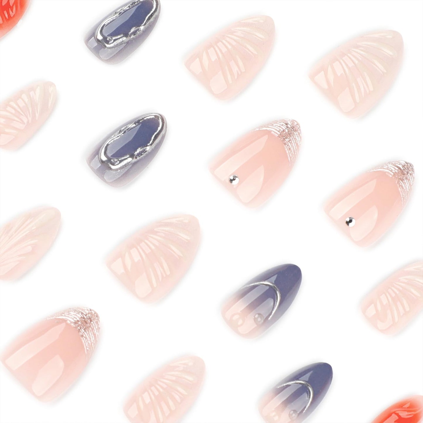 Mivota 3D Nude Almond Press on Nail Short Fake Nails with Silver French Tip False Nails, 3D Silver Lines Design Artificial Acrylic Nail Press ons Reusable Almond Nail Glue on Nails for Women