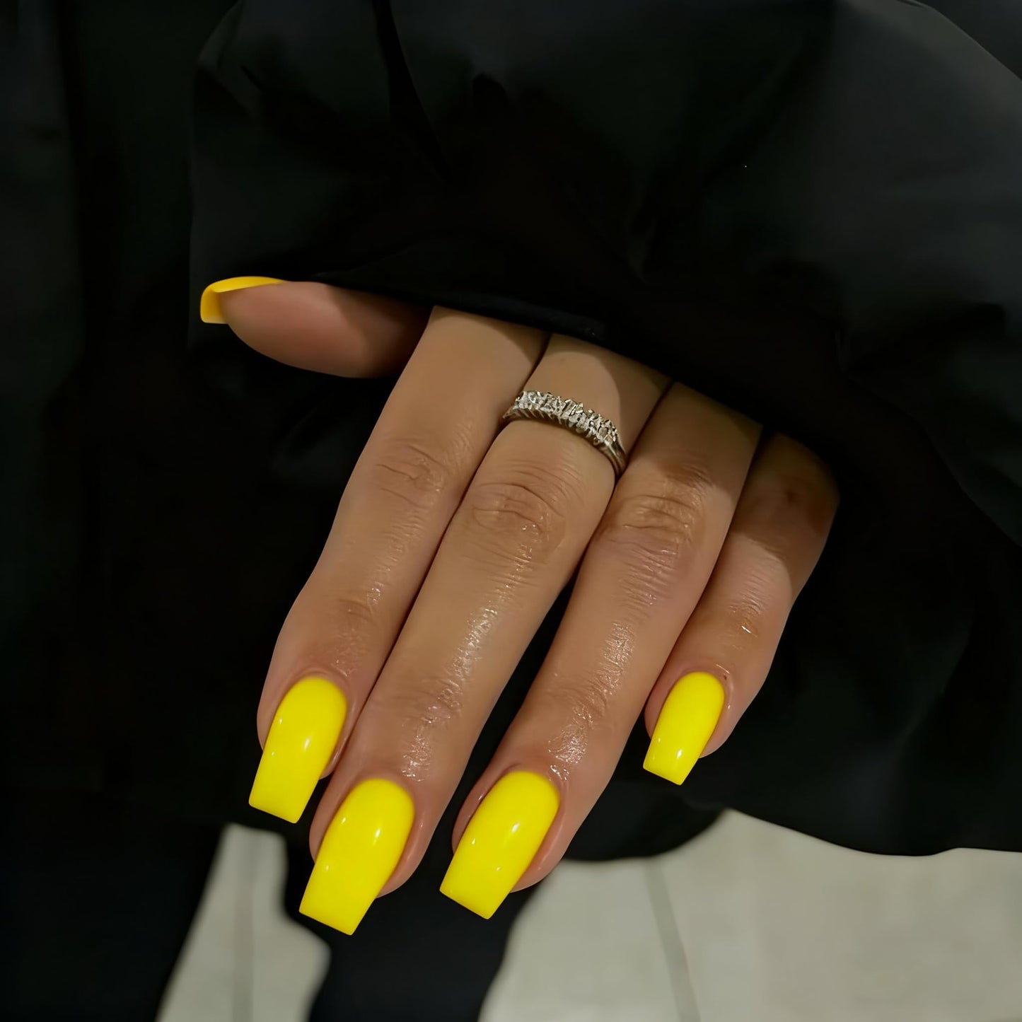 KQueenest Yellow Press On Nails Long Medium Coffin Gloss Bright Solid Color Full Cover Long Medium Fake Nails For Women, Thick Acrylic Glue on Nails for Daily Wear, 24 Pcs