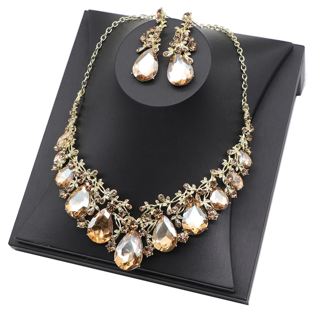 Qlavoca Vintage Crystal Teardrop Necklace Earrings Set - Gothic Statement Jewelry for Wedding Bridal Prom Party(Champagne)
