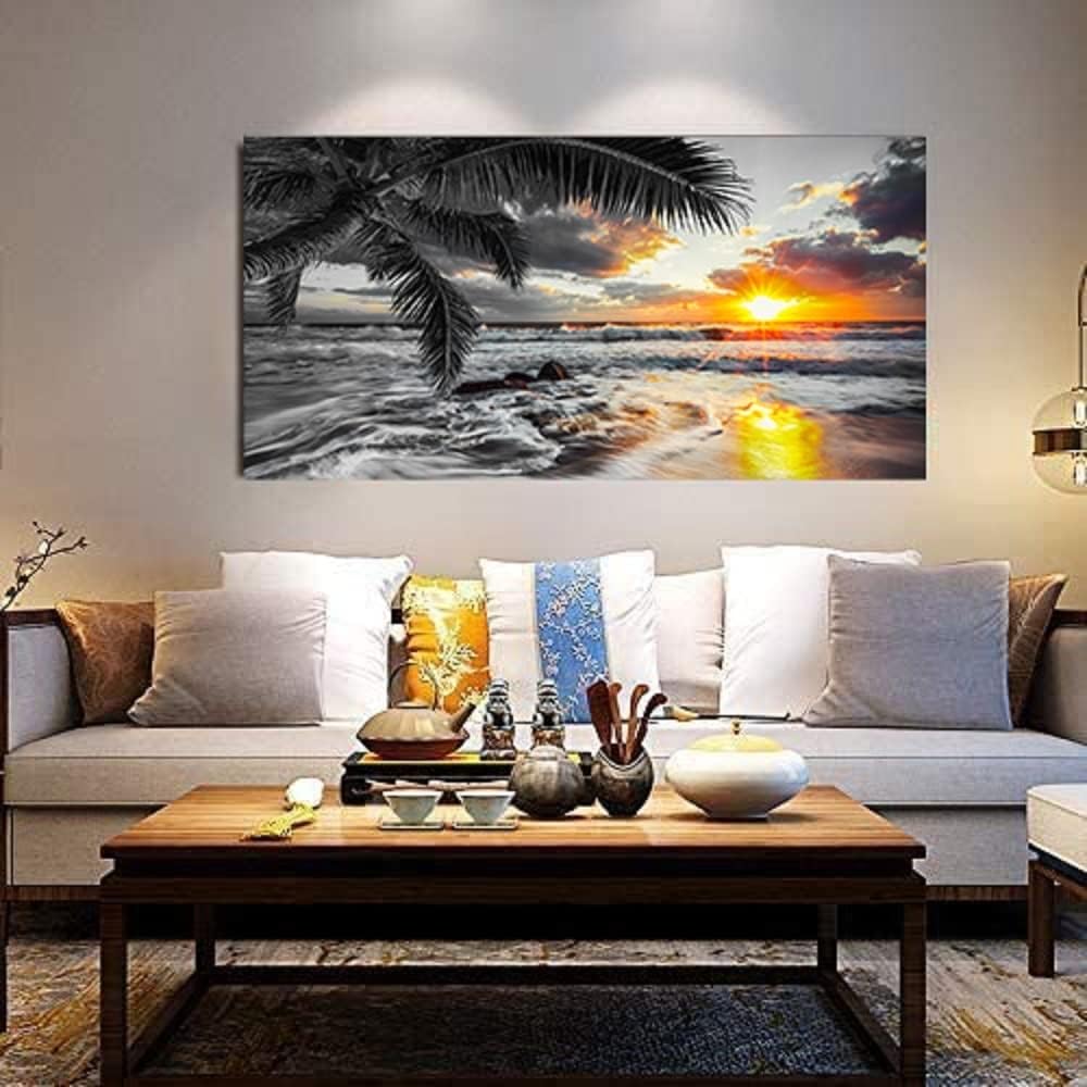 Yxbhhym-Large Canvas Ocean Wall Art Black White Gold Wall Art Beach Pictures for Walls Sunrise Seascape Scenery Print Palm Poster Wave Sea Artwork for Wall Art Living Room Office Wall Decor Bedroom