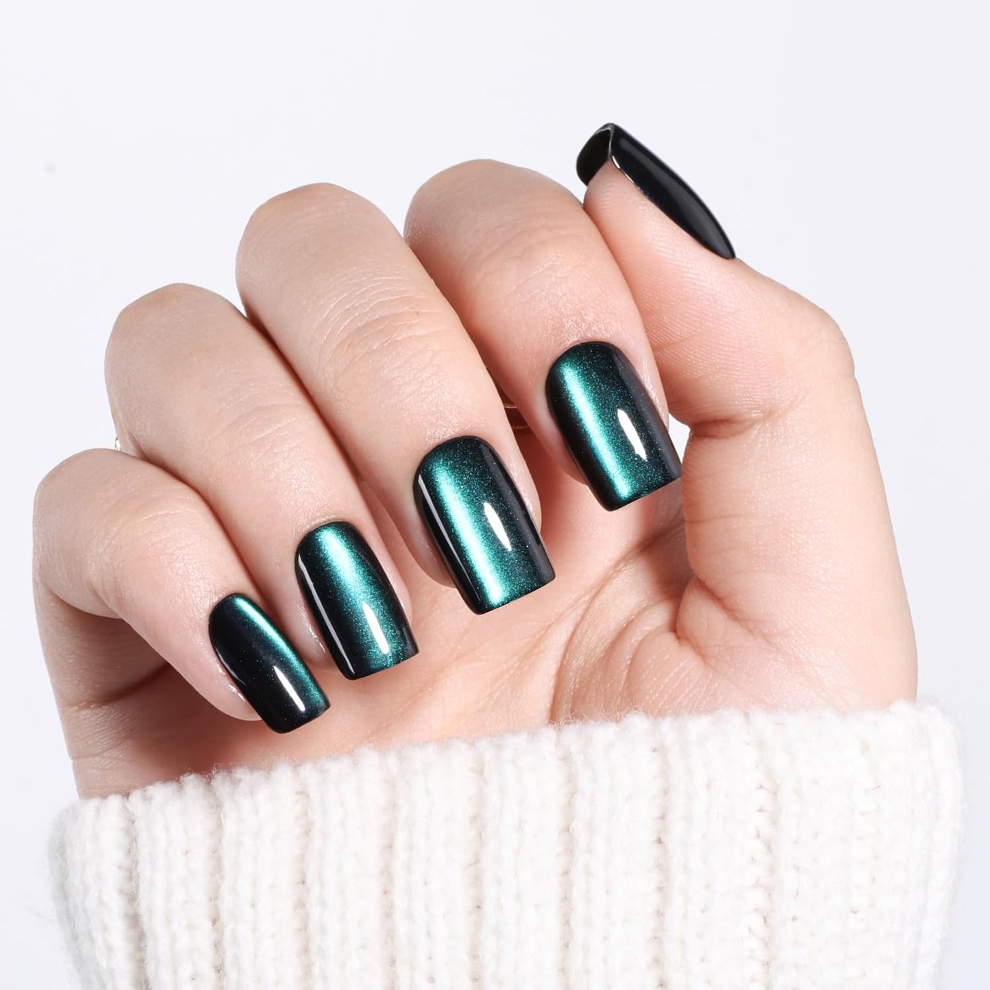 Leefrei Cat Eye Press On Nails - Short Square Deep Green Nails Press Ons for Women DIY Glossy Fake Nails Kit with Glue, Reusable Soft Gel Glue on Nails Short in 16 Sizes - 32pcs, Emerald Mirage