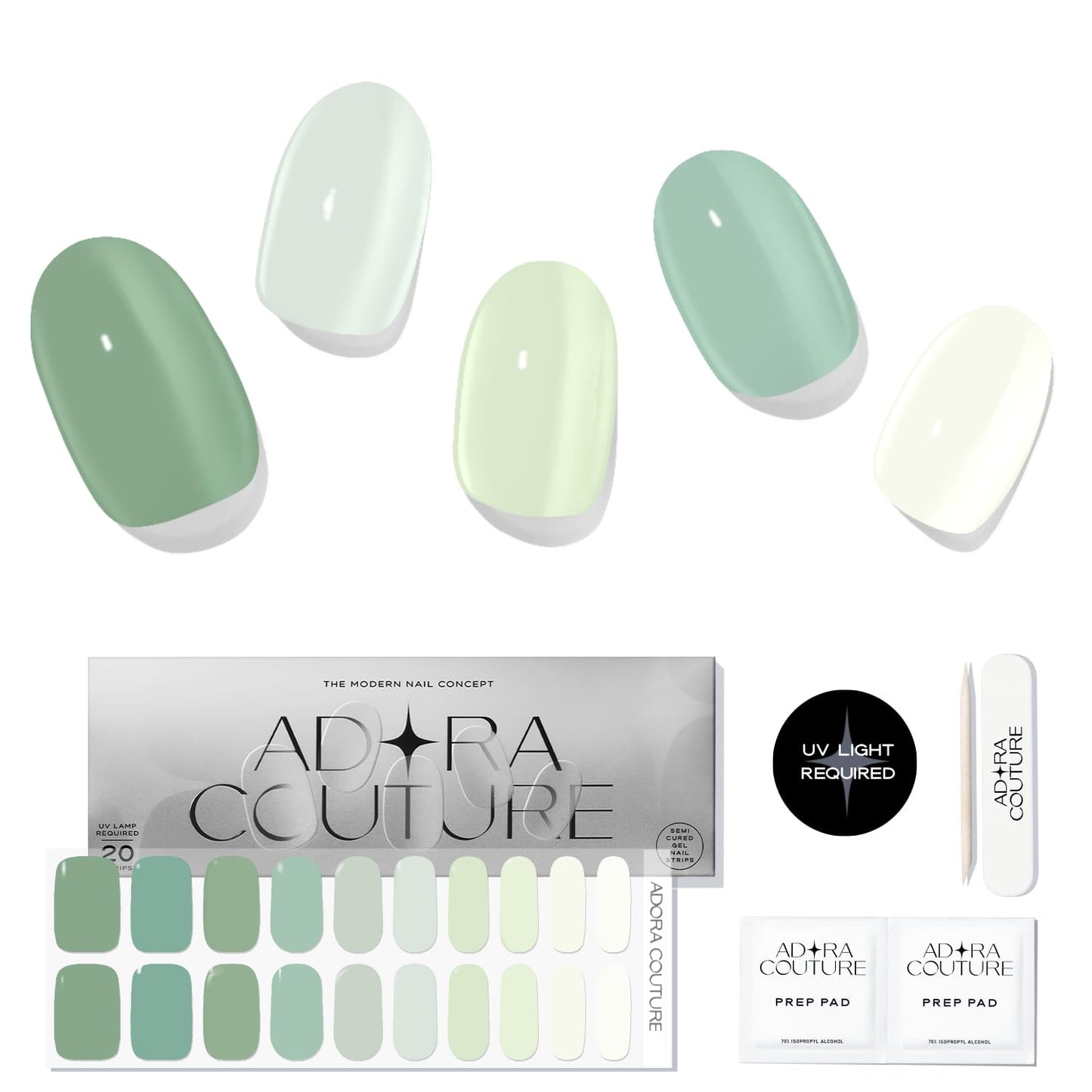 Semi-Cured Gel Nail Strips - 20 Salon-Quality Gel Sticker with UV Light Required, Long Lasting, Easy Application & Removal, Includes Prep Pad, Nail File, Wooden Stick (Green Mint)