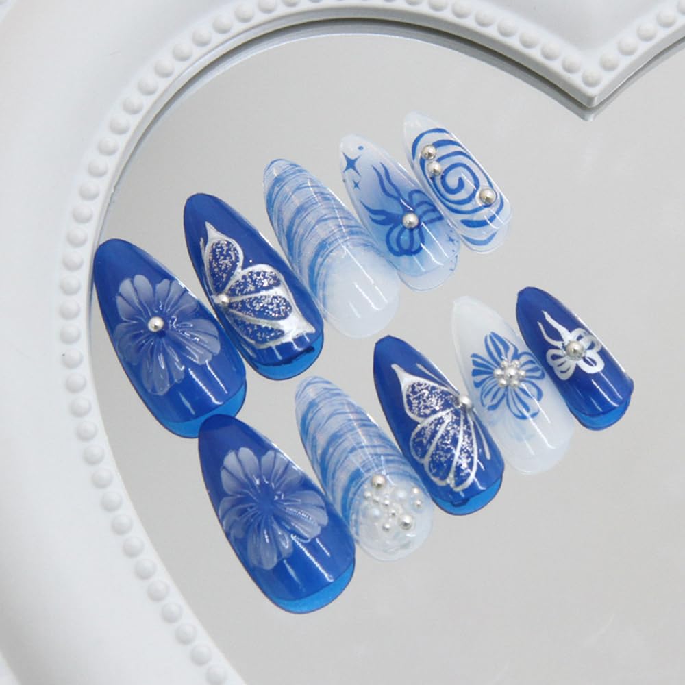 24 Pcs Summer Press on Nails Short Almond,MINGCHUN Blue Chrome Fake Nails Press ons Acrylic Nail Art Tips Kit Full Cover False Nails Glue on Nails with 3D Shell Flowers Design for Women Nail Supplies