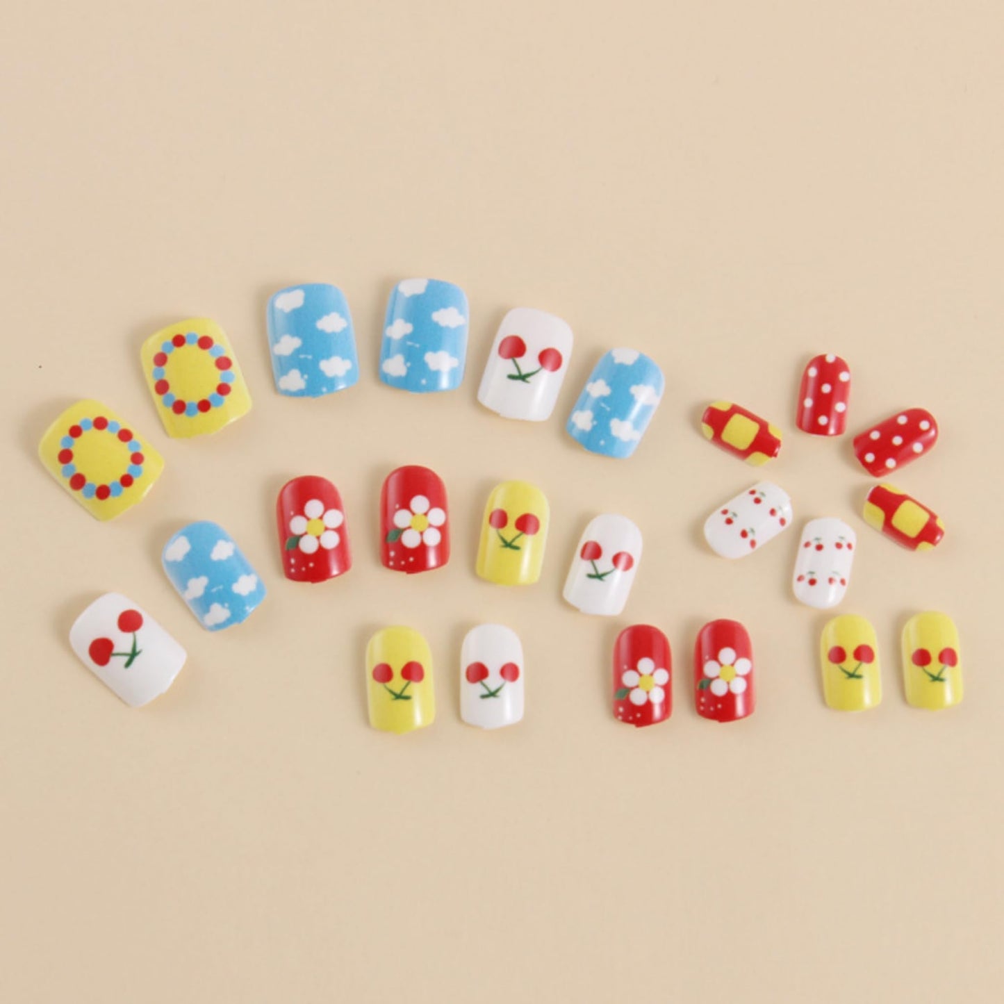 Short Press on Nails Almond Fake Nails Red Artificial Nail Multicolor Spring Cute Stick on Nail for Women 24pcs
