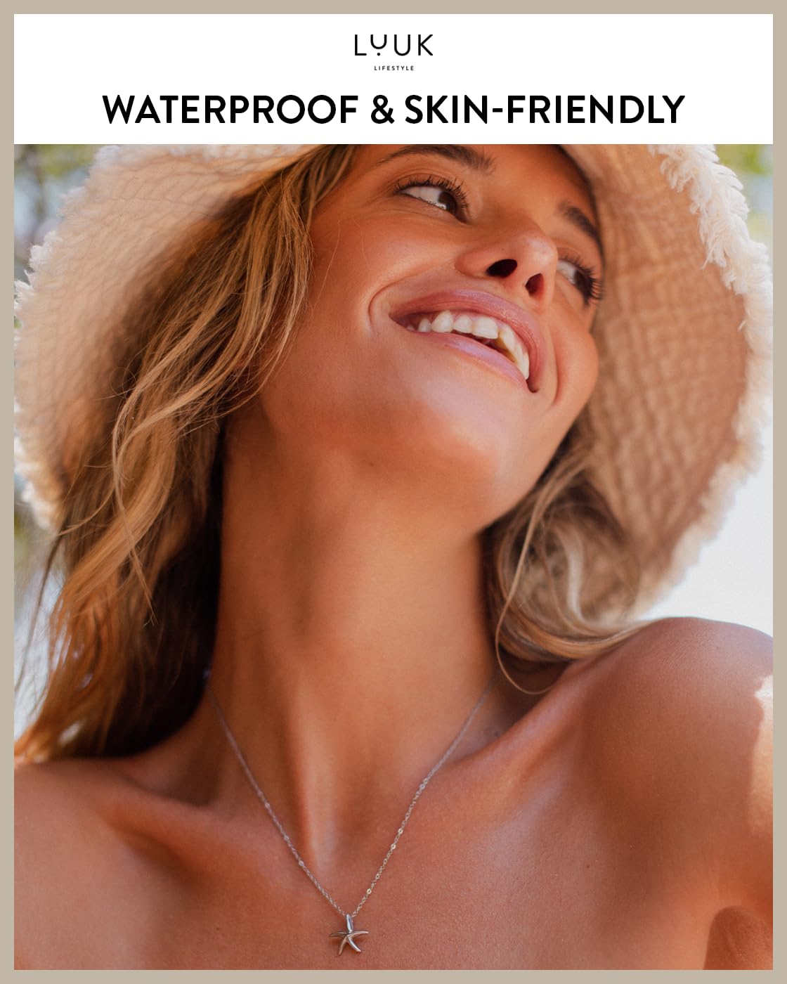 LUUK LIFESTYLE Cute Starfish pendant necklace, stainless steel, 14k silver plated, 19in adjustable, waterproof, non-tarnish thin sturdy chain, for beach vacation, with HAPPINESS Gift Card