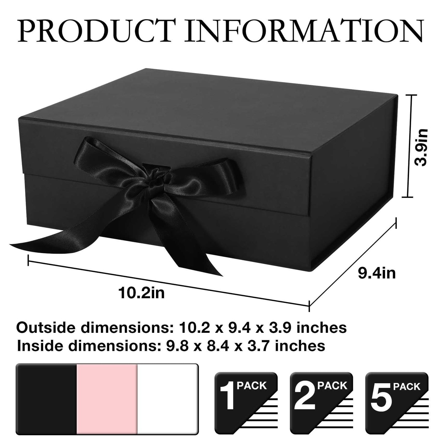 LFBOX Black Gift Box with Ribbon Magnetic Lids 10.2x9x3.74 in, Bridesmaid Groomsman Proposal Boxes, Wedding Graduation Storage Box 2 Pack